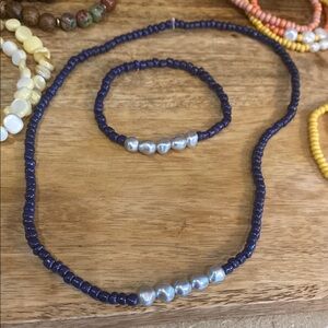 Elegant Blue and Silver Beaded Necklace and Bracelet Set
